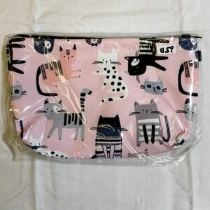 The Pouch Cosmetic Bag Women Small Pink NWT Cat Print Zipper Travel Pouch 8x5